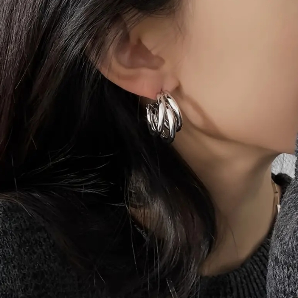 Silver Tone Triple Layered Hoop Earrings